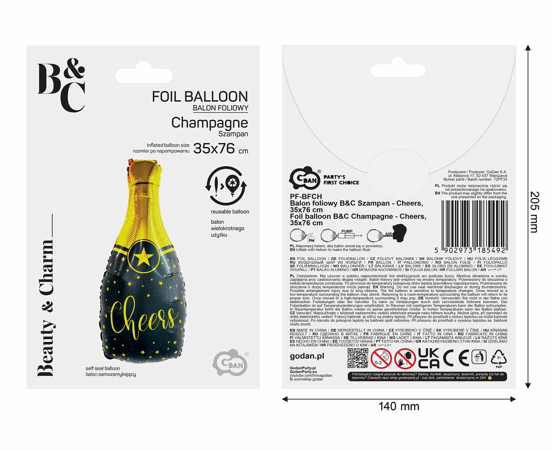Foil balloon B&C Champagne - Cheers, 35x76 cm